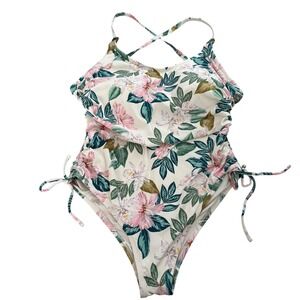 Palisades Beach Club Floral One Piece Swimsuit Ribbed Ruched Pink‎ Green Large